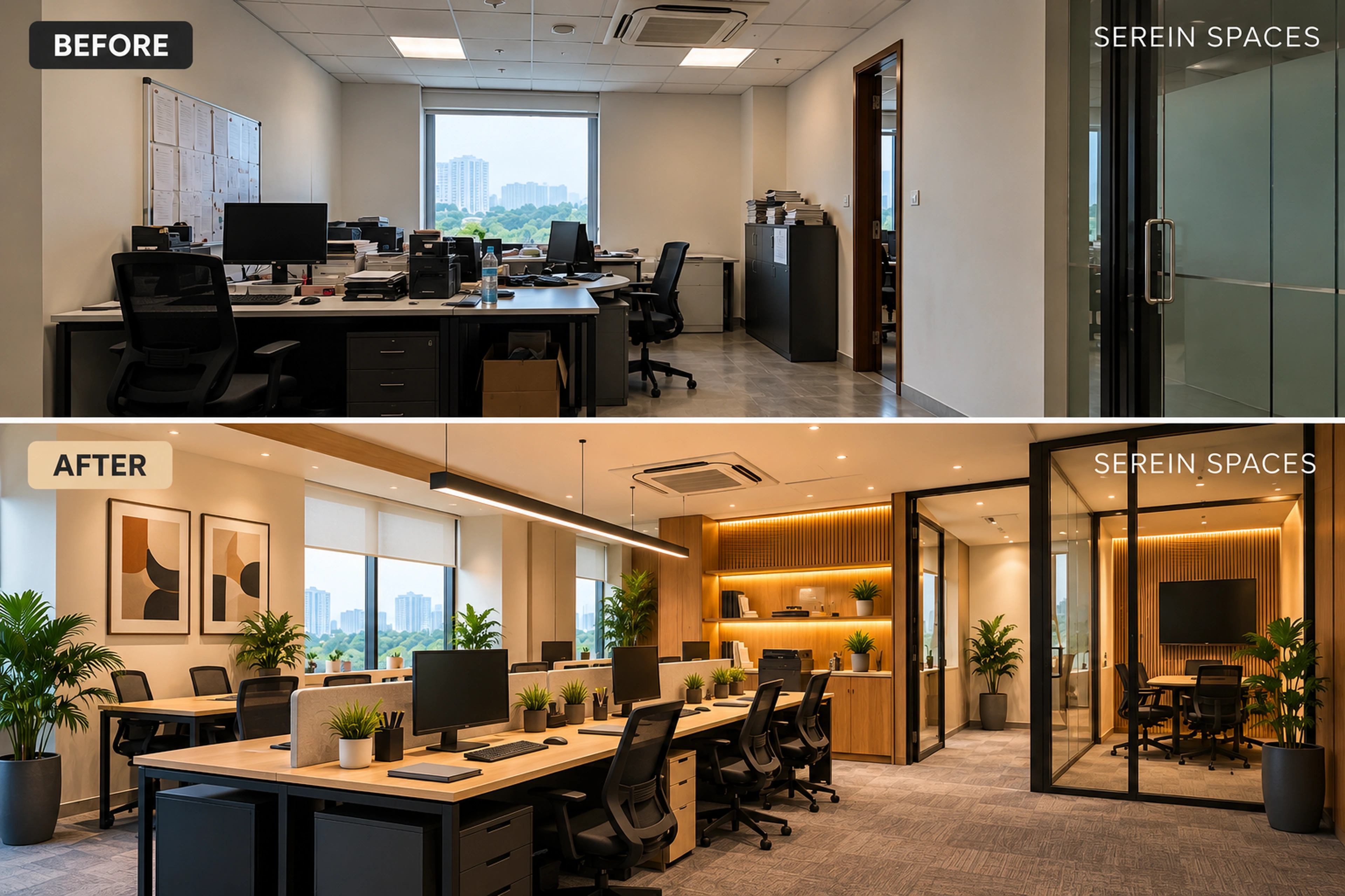 Before and after office interior transformation